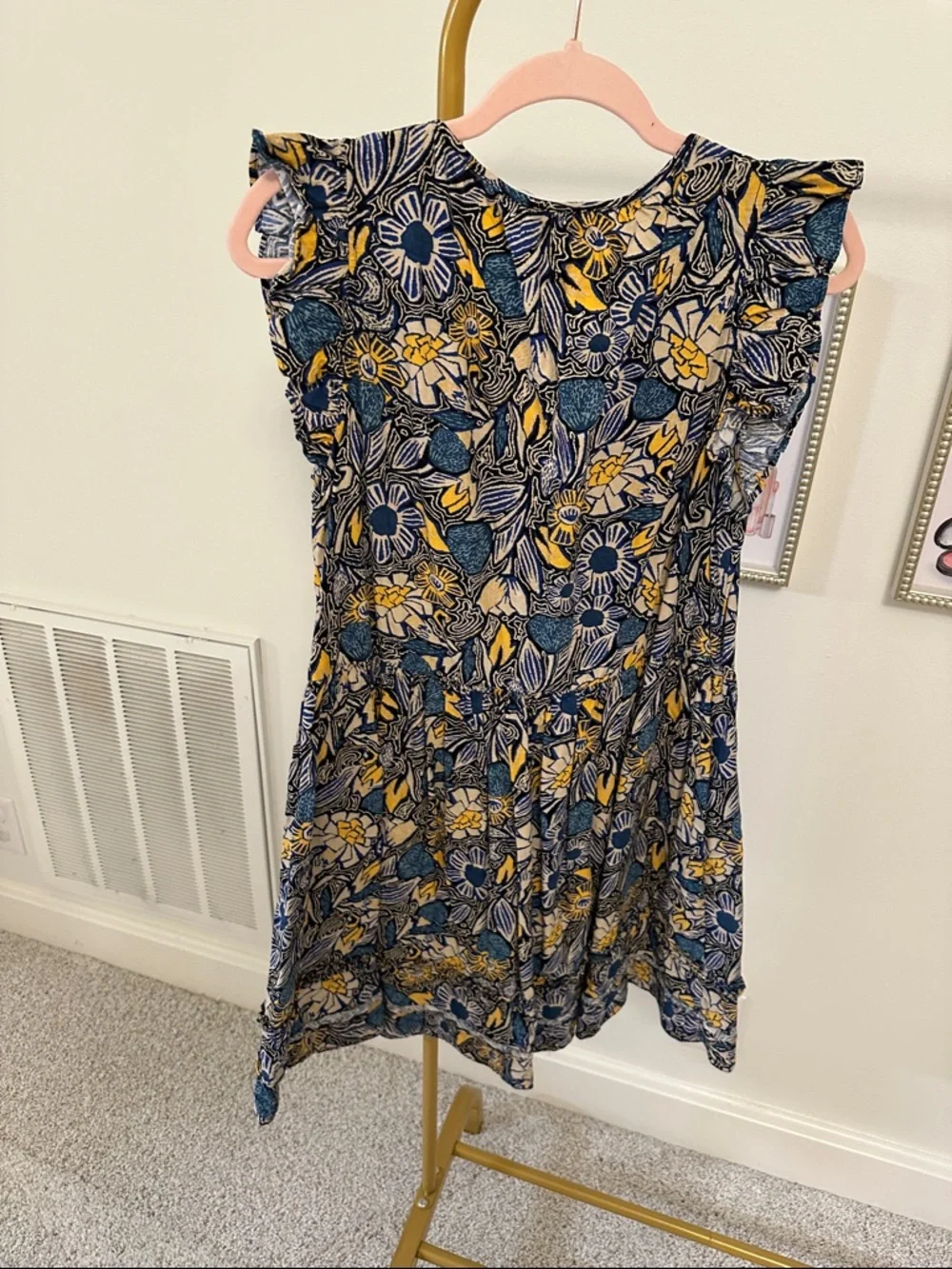 Evereve Navy Floral V-Neck Mini Dress with Mustard Accents - Picture 8 of 8